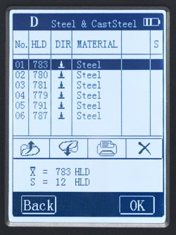 PCE-2900 Hardness meter with touch screen display: you can see the values stored in the hardness meter.
