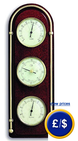 Analog Weather Station Domatic Mahogany for indoor use (barometer, thermometer, hygrometer) made from mahogany with massive brass frame.