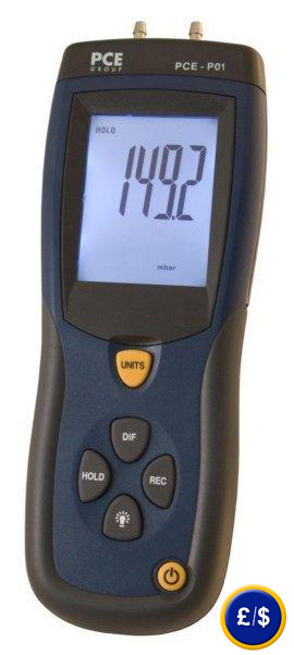 Differential Pressure Meter PCE-P01/ P05 with a measuring range from -137 to +137mbar or -344 to +344 mbar.