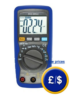 the PCE-DM 12 digital multimeter, automatic range selection, large display and multiple functions.