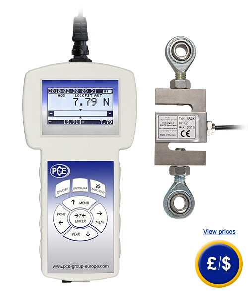 PCE-FG K series force meter with internal memory and external cell.