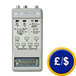 Pocket frequency meter PCE-FC25 with a microprocessor for diverse functions as for instance: requency function, period function, resolution funciton with possibility of interchanging, hold of values, relative value measurement and data- memory function (max., min., and mean value)