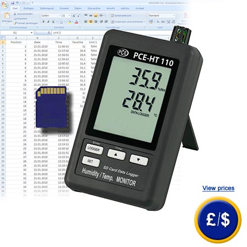 PCE-HT 110 humity meter for temperature and relative humidity (with a large display and memory).