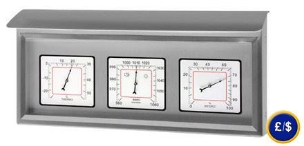 Outdoor Weather Station Stainless Steel with barometer, thermometer and hygrometer functions.