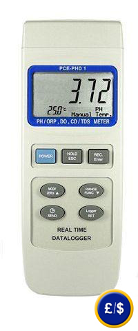 the PCE-PHD 1 pH meter to measures pH value, conductivity, oxygen, and temperature, with memory and software.