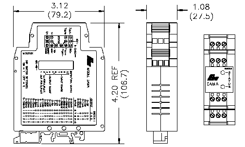 Elevation view, plan and profile with physical measures of the signal converter IAMA.