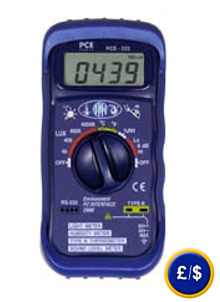 PCE-222 pocket-sized thermometer multiuse device for measuring luminance, sounds levels up to 130dB.