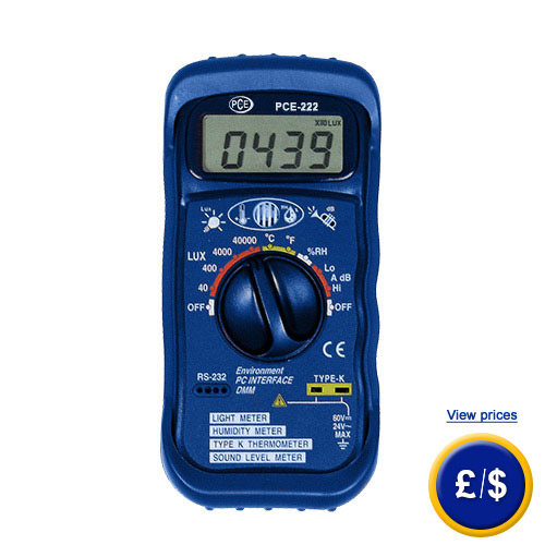 PCE-222 pocket-sized thermometer multiuse device for measuring luminance, sounds levels up to 130dB.