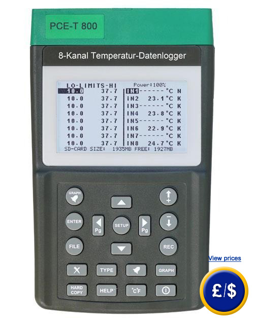 Thermometer with data logger PCE-T 800 with real time data logger in the SD card,  4,5" LCD display , USB port, software for data transference and analysis.