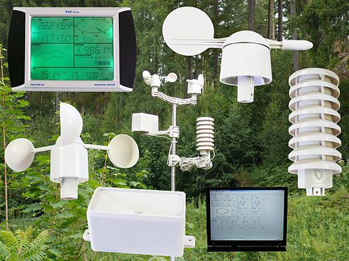 Here you will see the PCE-FWS 20 weather station with the software and all the remote sensors (included in the delivery)