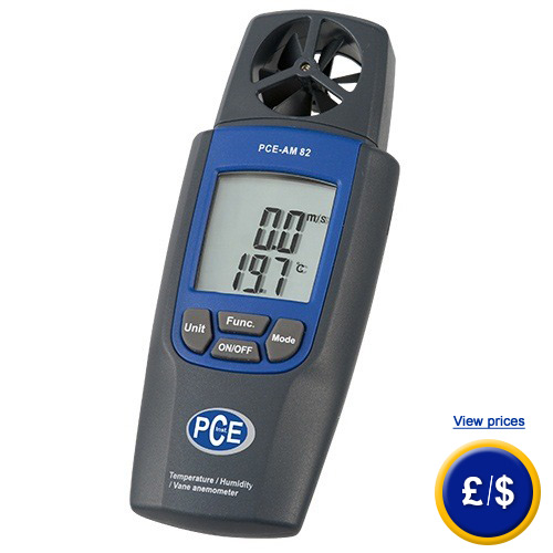 Wind Meter PCE AM 82 ideal for determining the wind speed (air speed), temperature and humidity, both indoors and in outdoors activities.