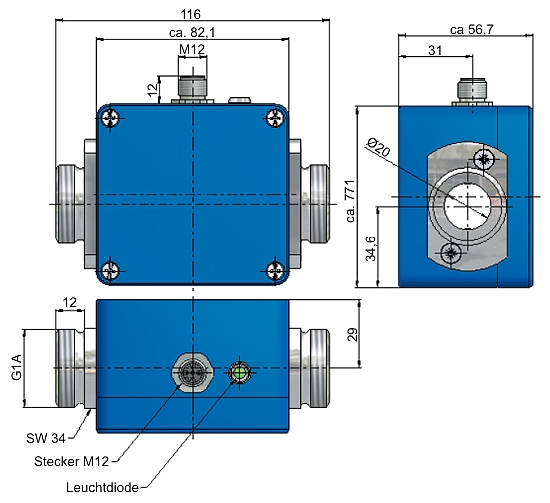Dimensions of the VMI 20 electromagnetic flow transmitter