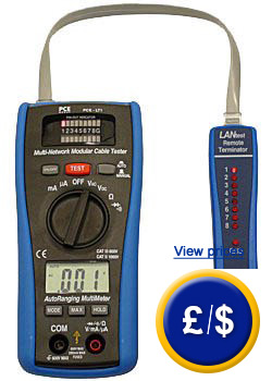 PCE-LT1 LAN analyser/multimeter for quickly testing networks, with functions to also be used as a multimeter.