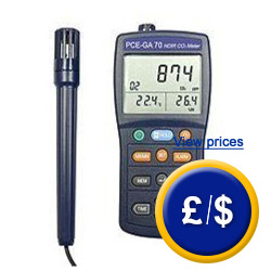 PCE-GA 70 air quality meter measures CO2 (carbon dioxide), temperature and humidity.
