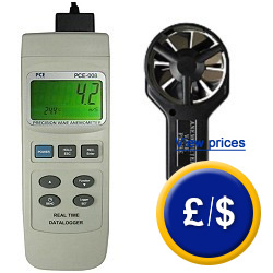 PCE-008 air velocity meter with data logger to measure wind speed and air temperature with the ability to calculate volume of air current and and RS-232 interface, internal memory and includes software and cable.