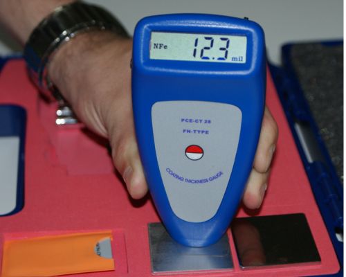 Calibrating the Coating Thickness Meter/Gauge PCE-CT 28 (F/N) inside of its case.