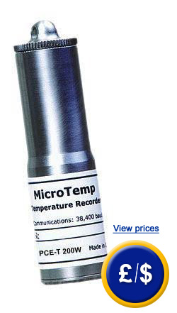 Compact size and water resistant data logger PCE-T 200 W with a stainless steel housing for the register of temperature.