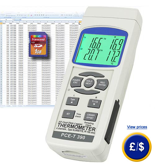  PCE-T390 digital thermometer with memory, optional software and different input channels (4 input channels)