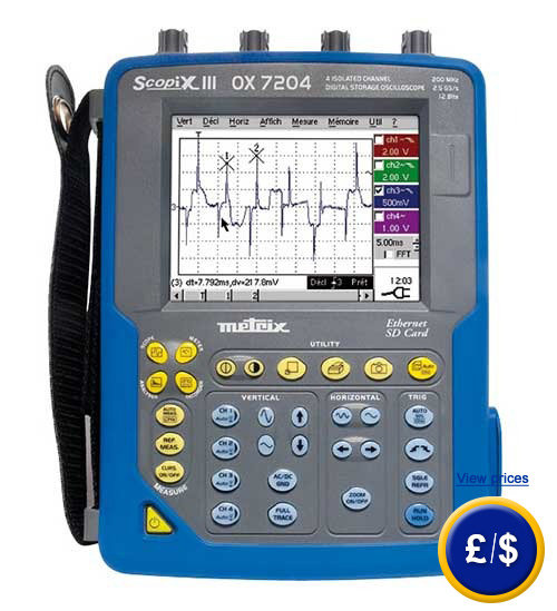 The DSO Oscilloscope Scopix OX7204 with True RMS multimeter, FFT analyser and  harmonics analyser.