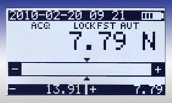 PCE-FG series Precision Force Gauge: Date and time, battery low indication, velocity of measurement, force and max. and minimum values.