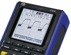Display of the PCE-UT 81B handheld oscilloscope which shows the waveformas and the measuring values. 