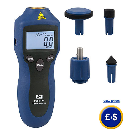 The High Precision Optical Tachometer PCE-DT 65 for contact-free measuring via laser or mechanical attachment.