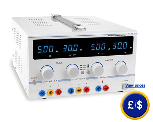 Laboratory Power Supply (stabilised) - PKT 6145 with a voltage range of 0 ... 30 V DC or a current range of 0 ... 5 A.