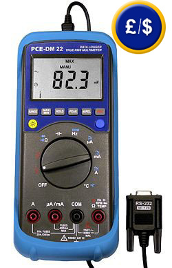multimeter PCE-DM 22 with multiple measurement functions, memory/data logger, RS-232 interface and software.