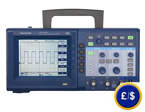 PCE-UT 2152C oscilloscope for the laboratory with two channels and coloured display.