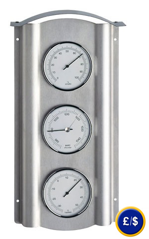 Outdoor Thermo Baro Hygrometer Domatic Stainless Steel with barometer, thermometer and hygrometer functions.