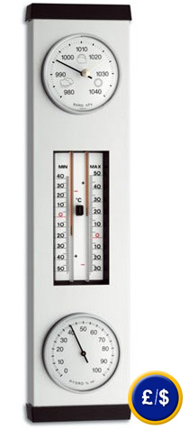 Weather Station Domatic with barometer, thermometer, hygrometer, made from aluminium with plastic caps.