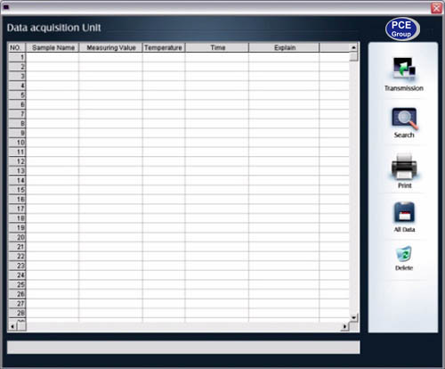 Data table of the software for the pH analyser PCE-PHD 2.