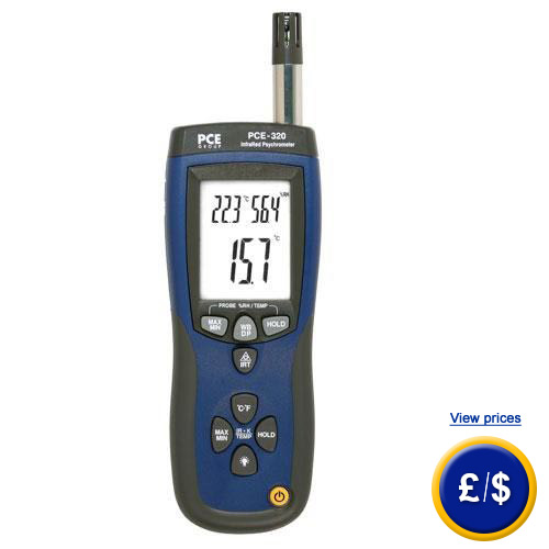 PCE-320 Psychrometer to measures humidity, temperature, dew point, wet bulb globe temperature and surface temperature.