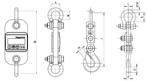 Technical drawing of tension transducer TZL with shackle and hook.