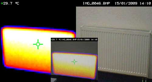 Inexpensive thermal camera PCE-TC 2 inspecting a radiator.