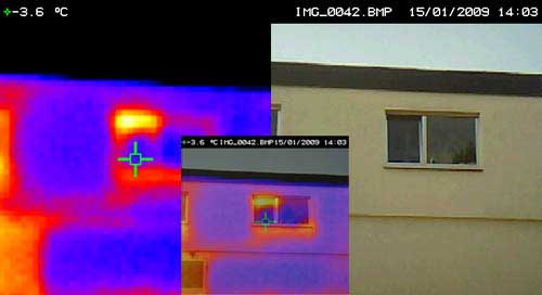 Picture of a building front taken with the inexpensive thermal camera PCE-TC 2.