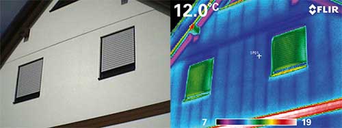 Infrared image shows energy loss of windows.