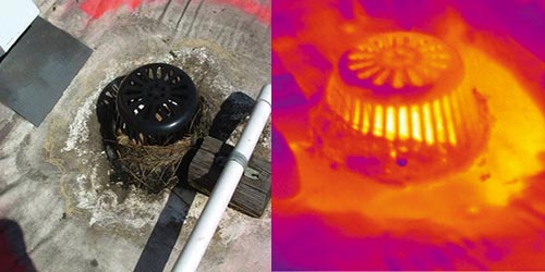 Inspection of flat roof drainage with leakage with thermography camera Flir i3 / i5 / i7.