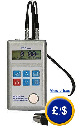 the PCE-TG200 thickness gauge with memory for 4,000 readings, with data cable and software included.