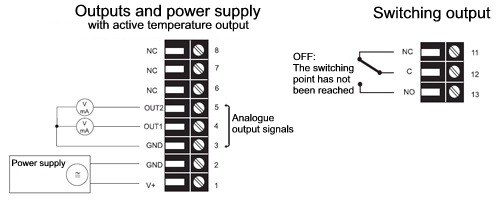 Here you can see the possible connections of the EE 23 humidity and temperature transducer. 